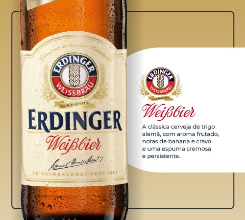 Banner da Erdinger destacando cerveja de trigo alemã premium, tradicional e autêntica.