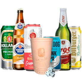 Kit de Cervejas Importadas Com Copo Especial de Couro + Jogo de Dados Grátis